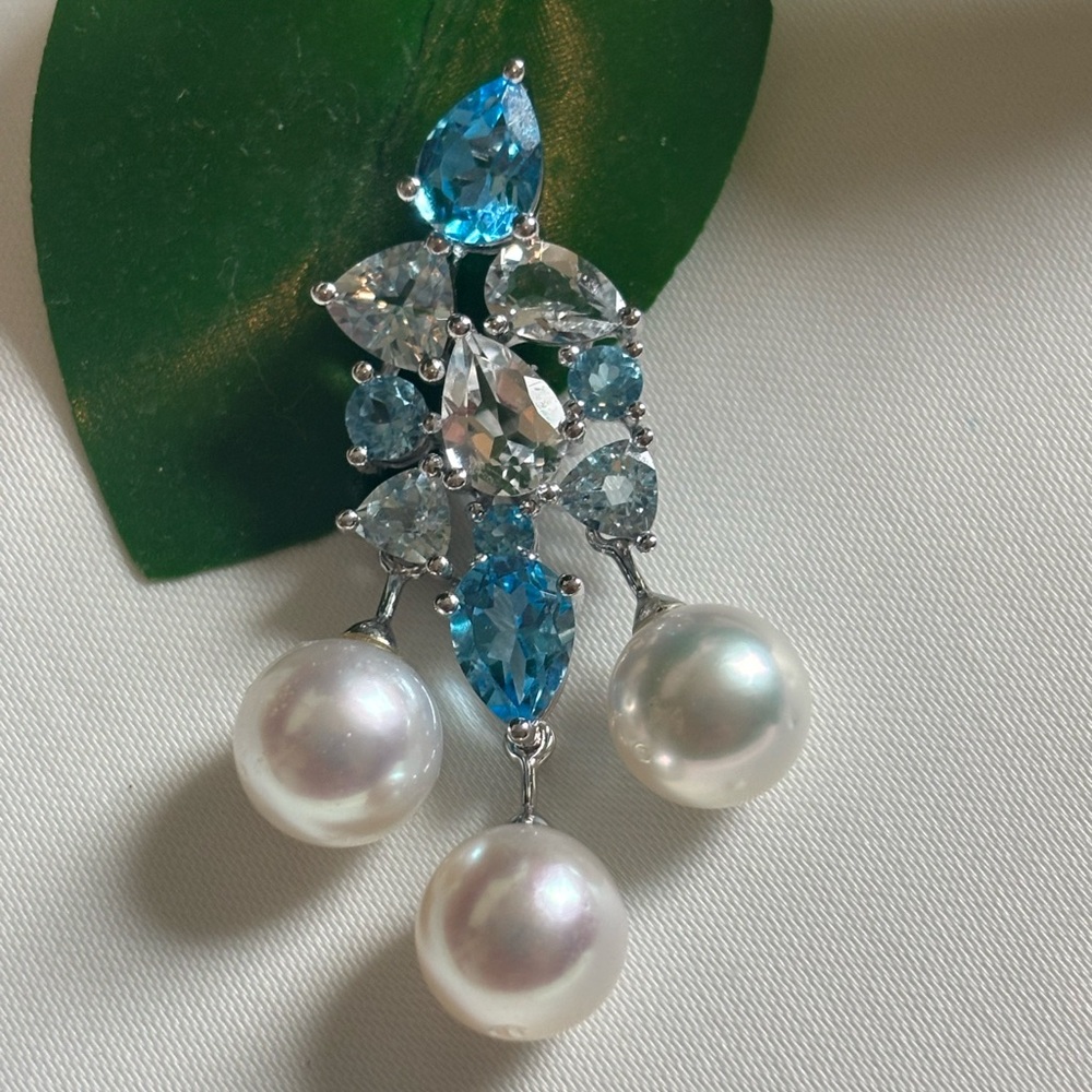 Elegant 14k gold Blue and White Topaz Pearl pendant